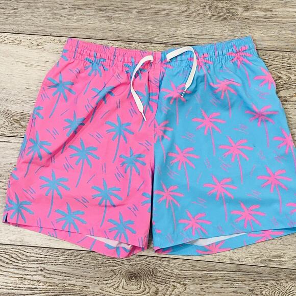 Chubbies Swim Trunks Mens Large Pink Blue Palm Tree Lined Drawstring Miami Vice - Picture 1 of 10